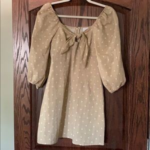 Tan, polka dot dress with tie front